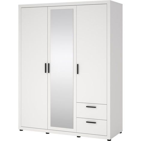 Armoire de chambre - MIRA - Blanc mat - 3 portes dont 1 avec miroir - 2 tiroirs - 153,6 x 59,8 x 200,9 cm (1/5)