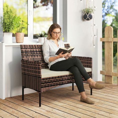 Canapés extérieurs en rotin 2 places Jardin Canapé extérieur doté de structure en acier en coussin lavable pour balcon kaki