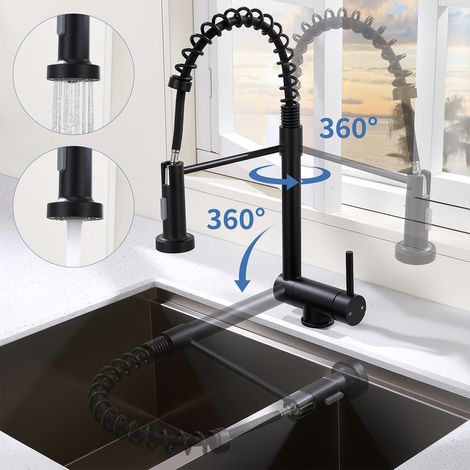 Miscelatore cucina 360° girevole, pieghevole 180° sotto finestra, rubinetto nero con due getti, acciaio inox 304, miscelatore lavabo e lavello moderno (1/5)