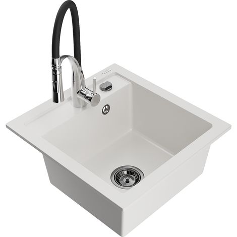 Mexen Vito fregadero de granito de 1 cubeta con grifo de cocina Aster, blanco - 6503-20-73450-07-B (1/5)