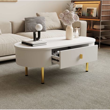 Mesa baja blanca con 2 cajones, esquinas curvas, manijas y patas doradas (1/5)