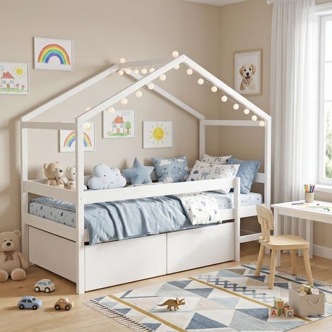 Lit cabane MIKA 90x190 + sommier + 2 tiroirs + matelas IRIS / Blanc/ 199x95x165