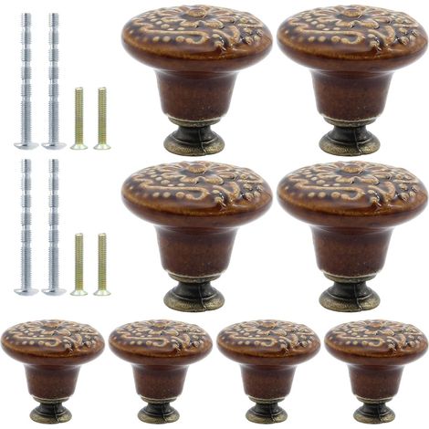 Lot de 8 boutons de placard de cuisine vintage en céramique marron, boutons de commode décoratifs pour placard, placard, meubles (1/5)