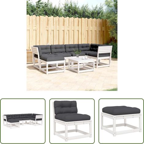 vidaXL Canapé sans accoudoirs - Salon de jardin 6 pcs avec coussins blanc bois massif de pin (1/5)