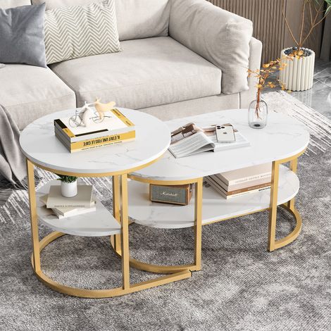 Mesa de centro, Mesa de centro para sala de estar, Mesa de centro ovalada con mesa auxiliar redonda, diseño minimalista y función de almacenamiento, Dorada (1/5)