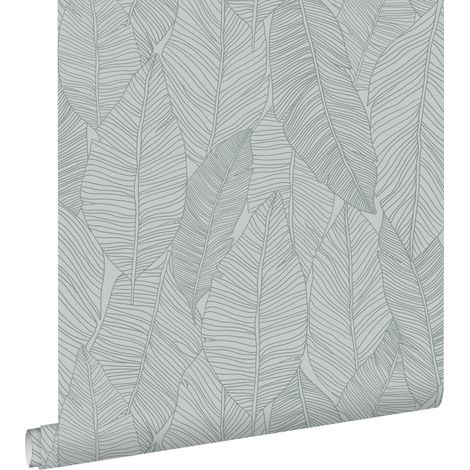 papier peint feuilles dessinées bleu gris - ESTAhome (1/5)