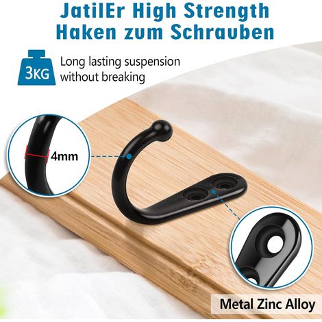 Lot de 10 Patères Murales à Visser JatilEr - Noir - Haute Résistance - Avec 2 Jeux de Vis - Pour Chambre à Coucher, Salle de Bain, Dressing, Salon (1/4)