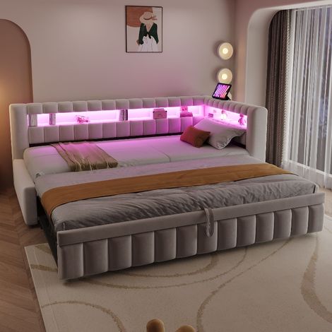 Canapé-lit gigogne 90x200 cm avec lit d'appoint, éclairage LED et port USB, lit banquette capitonné en velours beige avec rangement (1/5)