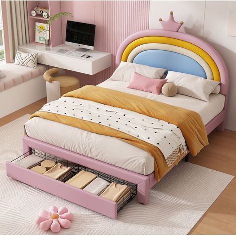 Lit enfant 140x200 cm en PU rose, tête réglable, rangement chambre enfant, sans matelas – MEUBLIV (1/5)