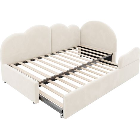 Lit gigogne d'angle L en velours beige 90 x 200 + 90 x 190 cm avec tête de lit en forme de nuage (1/5)