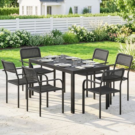 Ensemble repas d'extérieur 6 personnes. Table et chaises avec trou pour parasol. Noir