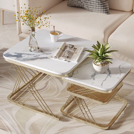 ADWOLT Lot de 2 tables basses gigognes- 65/45cm- Plateau aspect marbre -MDF- Pieds en métal -table de salon-Design moderne- Blanc et doré