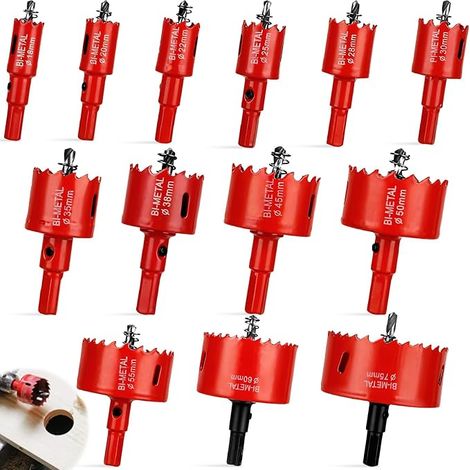 13 x Hole Saw 18 mm-75 mm with Centring Drill, Hole Saw for Drilling Plastic, PVC, Wood, Fiberboard and Soft Metal (1/5)