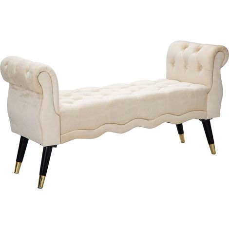 Panca Humahu, in Velluto, con Braccioli e Dettagli Dorati, Materiale Struttura in Tessuto, Colore Seduta Bianco, 120x40x60h cm Bianco Crema