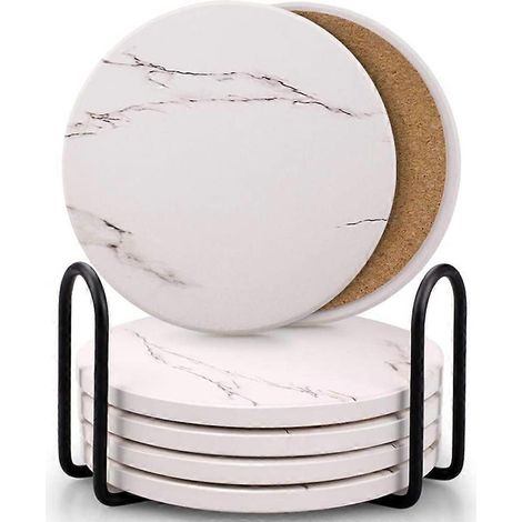 Dessous de verre en céramique imitation pierre, avec support en métal, base en liège, motif marbre, lot de 6, blanc (1/4)