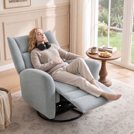 Fauteuil relax, Fauteuil TV pivotant avec fonction de couchage, Siège large et profond, Tissu résistant aux rayures pour salon, Gris clair (1/5)