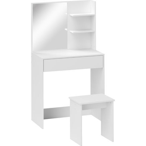 Station maquillage, blanc, 75 x 40 x 137 cm, 3 étagères, tiroirs, miroir, tabouret assorti, coiffeuse maquillage en carton comprimé (1/5)