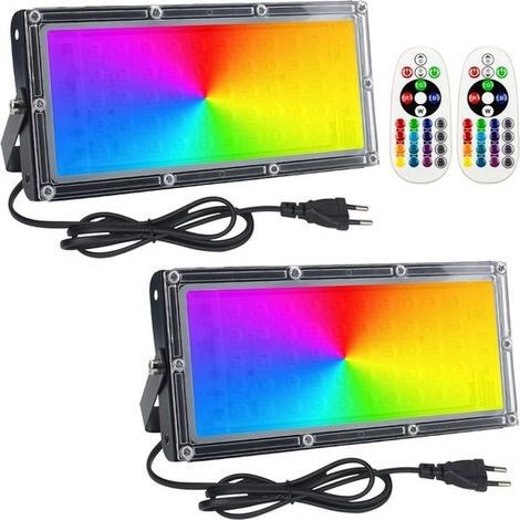 2 proiettori LED colorati da 50W, faretti LED RGB per esterni, impermeabili IP65 con telecomando, adatti per giardino, patio e illuminazione interna. (1/5)