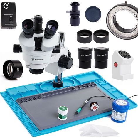 Microscope stéréo trinoculaire 7-45x 10HT (blanc) + Tapis TE-506 + Lentille 0,5 + Tapis + Absorbeur (1/5)