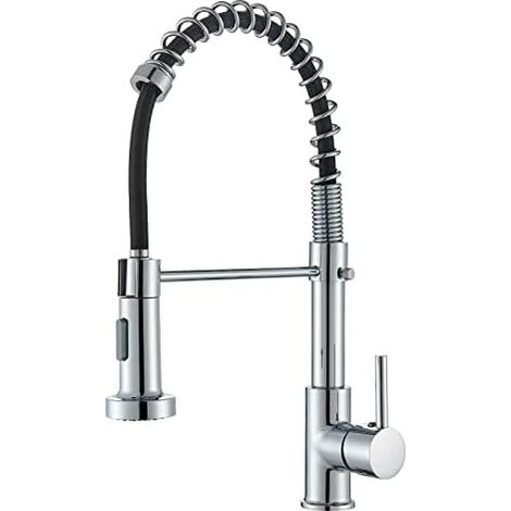 Robinet d'évier de cuisine noir avec ressort spiral, mitigeur haute pression à deux fonctions de jet, pivotant pour cuisine-Argenté poli