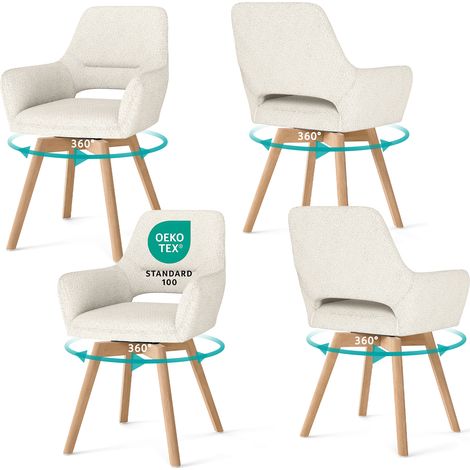 LEWE Lot de 4 chaises de salle à manger en chenille, fauteuil pivotantes à 360°, Chaise ergonomique avec accoudoirs, bois massif, Beige (1/5)