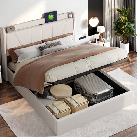 Lit coffre 160 x 200 cm, lit 160x200 avec sommier, lit adulte avec port USB, cadre de lit, avec tete de lit, Beige, matière lin (1/5)