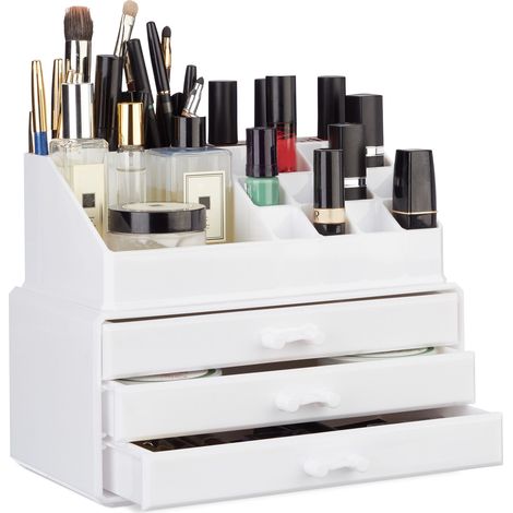 Relaxdays 2x Make-up Organiser, Cosmetics Storage with Drawers, Stackable Makeup Shelf, HWD: 19 x 23.5 x 14 cm, White