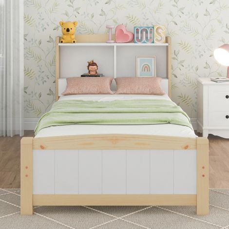 Lit simple en bois massif Tête de lit avec espace de rangement,90 x 200 cm Cadre de lit avec sommier à lattes Lit en bois avec tête de lit,Lit d'enfant Lit d'adolescent Pin massif naturel et blanc (av (1/5)