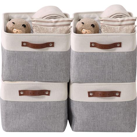 paniers de rangement pliables en tissu cationique robuste et pliable avec poignées pour étagère pour chambre d'enfant ou penderie (Gris et blanc, Large - 4 Pack) (1/5)