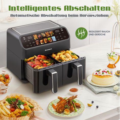 Airfryer double panier 9 L 2000 W noir, écran LED, minuterie 80-200 °C, cuisine moderne FLORAGRACE