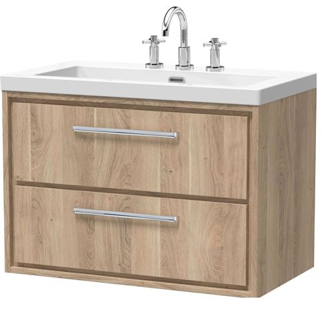Longnor 2 Drawer Wall Hung Vanity Unit with 3 Tap Hole Modern Fireclay Basin, Light Oak, 800mm