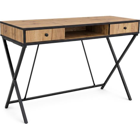 Computertisch Schreibtisch Industrial Eiche Craft CROSSLINE 120 cm 2 Schubladen 1 Ablage Schwarze Beine (1/5)