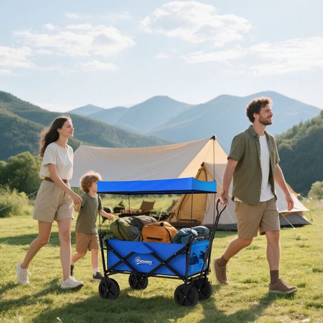 Chariot pliant auvent amovible longueur angle poignée ajustables charge sac transport 100kg, bleu
