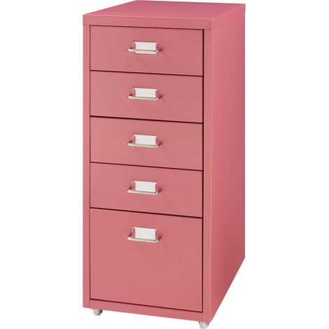 Caisson de bureau armoire meuble de rangement à roulettes avec 5 tiroirs 69 x 28 x 41 cm rouge pastèque (1/4)