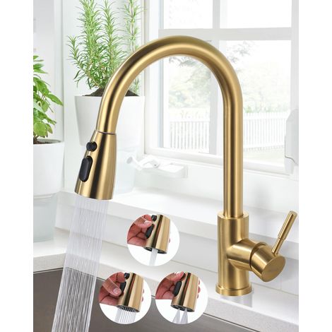 robinet extensible haute pression cuisine pivotant à 360° en acier inoxydable avec cartouche en céramique anti-fuite 3 types de jet Doré (1/5)
