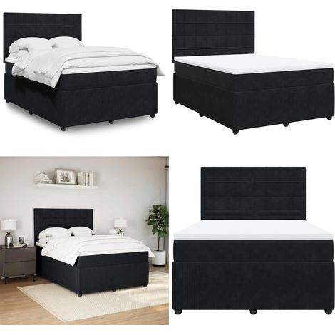Sommier à lattes de lit avec matelas Noir 140x200 cm Velours - Matelas à ressorts ensachés - Sommeil réparateur