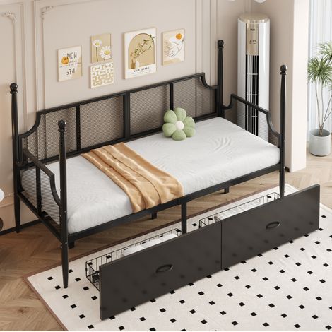 Cama sofá de metal 90x200 cm negra, estilo vintage, con cabecero y 2 cajones integrados (1/5)