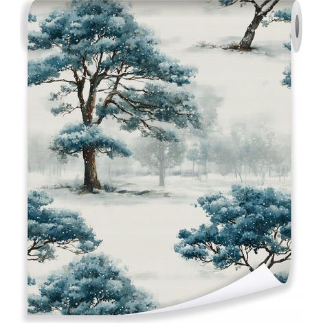 Papier peint arbres bleu aquarelle fort sur molleton mur living room bedroom (1/3)