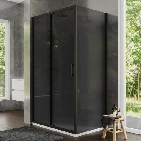 Cabine de douche 80 x 100 cm à portes coulissantes profilés noirs mats verre trempé fumé de 6 mm traitement anti calcaire h 198 Tahiti (1/4)