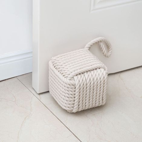 Butée de porte décorative avec nœud à corde fait main avec poignée intérieure pondérée carrée pour portes et fenêtres beige (12,7 x 12,7 cm, 2 kg) (1/5)