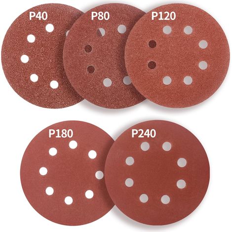 Disques de Ponçage Papier Abrasifs 125mm.8 trous,50 pièces Disques Ponceuse: Disques abrasifs perforés ​auto-agrippant 125 mm Grain 40 80 120 180 240 pour Random Orbital Sander,Poncer/Polir (1/5)
