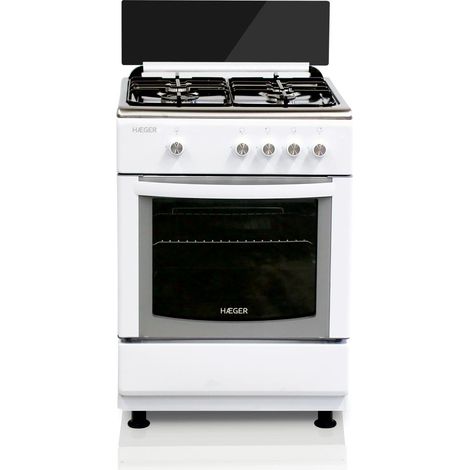 Haeger GC-SW6.003D, Cocina de gas de 60x60 con horno espacioso de 64L y 4 quemadores de gran potencia, Blanco