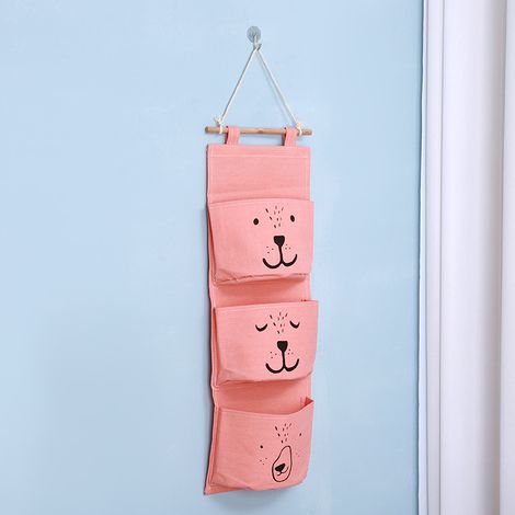 (À l'unité) Sac de rangement suspendu à 3 compartiments (22 x 60 cm) — Organisateur mural adapté à la chambre et à la table de chevet — Avec cordon de suspension (rouge) (1/4)