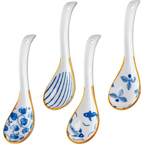 Cuillère À Soupe En Céramique - 6,3 Pouces - Motif Rétro Floral Bord Or - Pour Soupe Ramen Pho Wonton Miso - Lot De 4 Jaune
