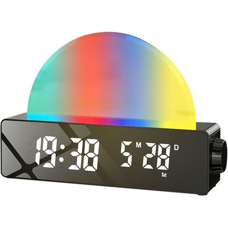 Reloj digital LED con simulación de amanecer, radio FM y luz regulable, pantalla digital, indicador de temperatura, alarma, para habitaciones infantiles y de adultos, color negro. (1/5)
