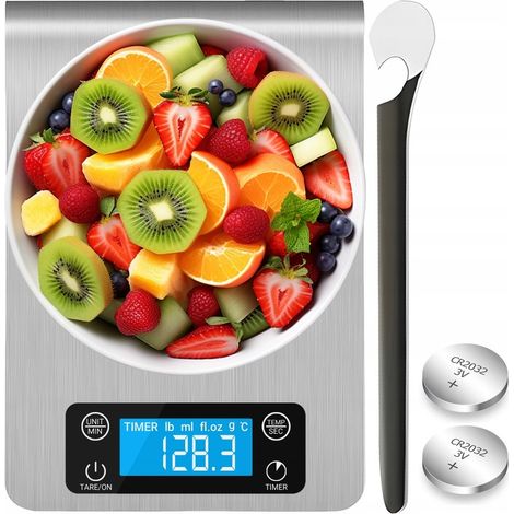 BÁSCULA DE COCINA DE 1G A 5KG CON BOTONES TÁCTILES, TEMPORIZADOR ELECTRÓNICO Y TERMÓMETRO