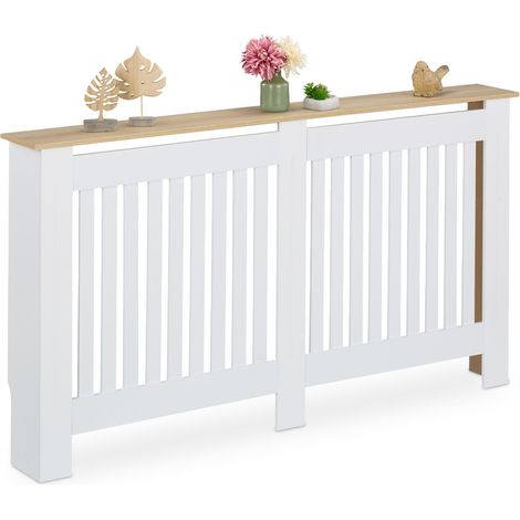 Relaxdays Heizkörperverkleidung, Lamellen, HBT 83x152x19 cm, für alte Heizkörper, Heizungsabdeckung mit Regal, MDF, weiß
