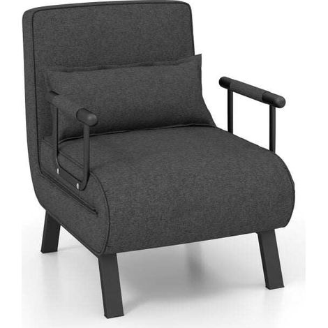 Fauteuil-lit convertible gris anthracite en lin avec dossier réglable 6 positions et coussin, pour salon chambre et petit espace (1/5)