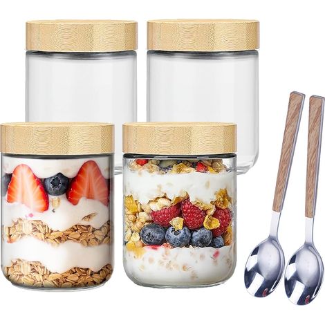 Bocaux en Verre Dépoli - Lot de 4 - Avec Couvercle Bambou - Pots Hermétiques 500ml - Pour Overnight Oats et Conservation - 8,5x11,5cm (1/5)