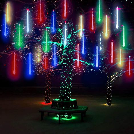 10 Tubes LED Météore Pluie 30CM – Guirlande Solaire Extérieure, Lumineuse et Étanche, Décorations pour Noël, Mariage, Fête, Soirée, Maison, Arbre, Sapin, Jardin (Multicolore)